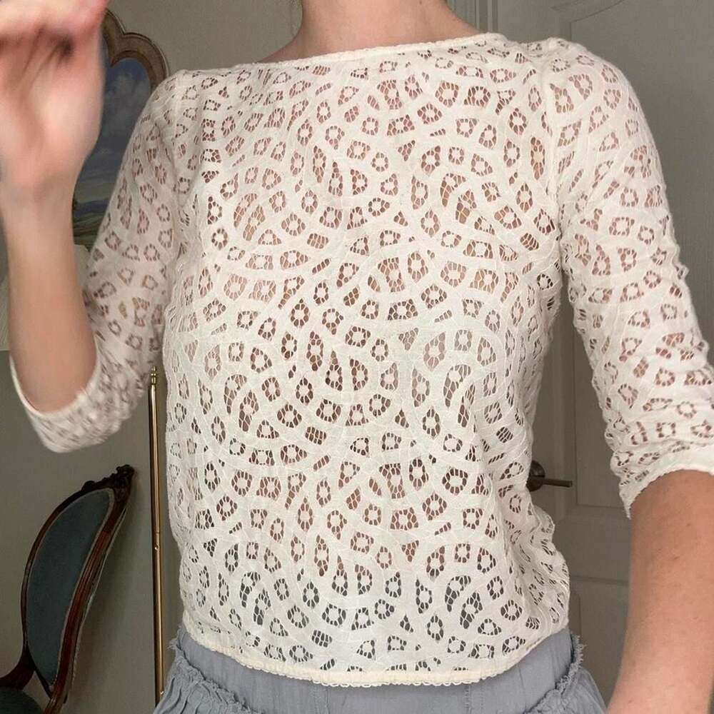 LOFT Cream Sheer Lace Top, 3/4 Sleeve Boho Blouse, Petites XXSP - Picture 4 of 8